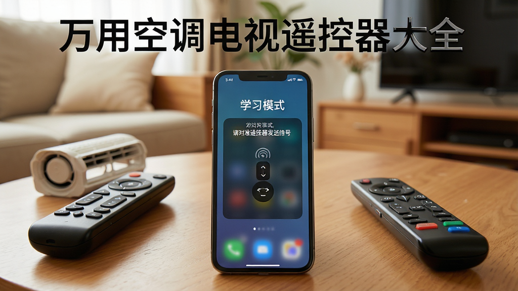 主体:一部手机放在茶几上,旁边放着空调和电视的原装遥控器,手机屏幕显示“学习模式”界面。布局:手机居中,两侧是原装遥控器,背景是温馨的客厅。排版:手机屏幕特写,上方有“万用空调电视遥控器大全”标题。风格:写实生活场景摄影风格。细节:手机界面有“请对准遥控器发送信号”的提示。画质:高清实拍质感,干净明亮。