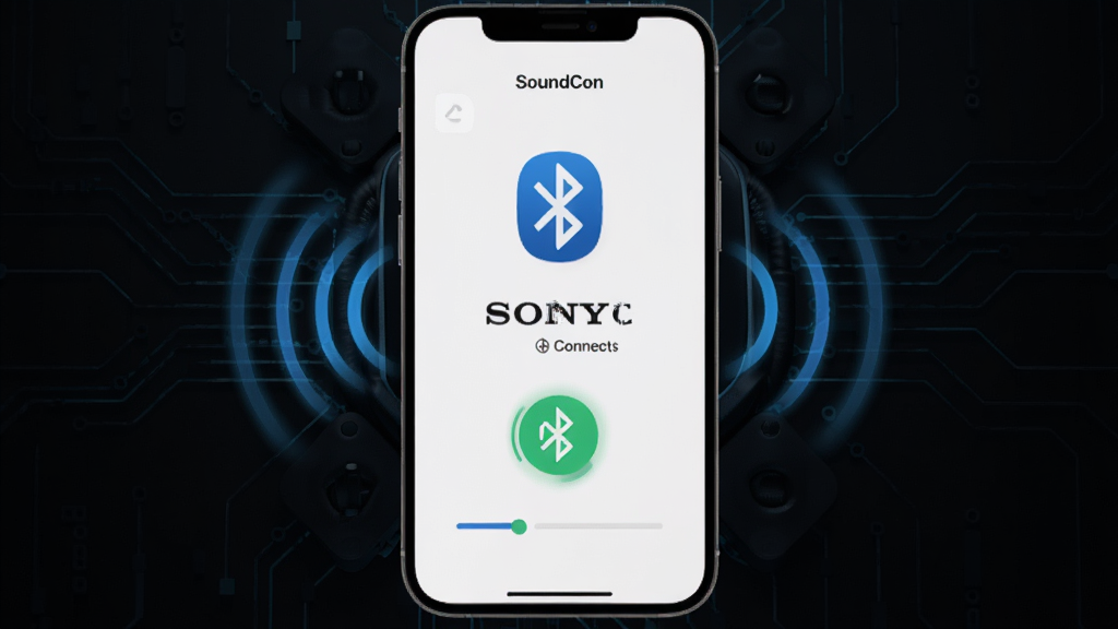 展示SoundCon应用正在搜索并连接索尼耳机的过程,界面中央有设备名称和连接状态动画,背景为深色科技质感,突出蓝牙图标与信号波纹,画面干净,无多余元素,画质清晰。
