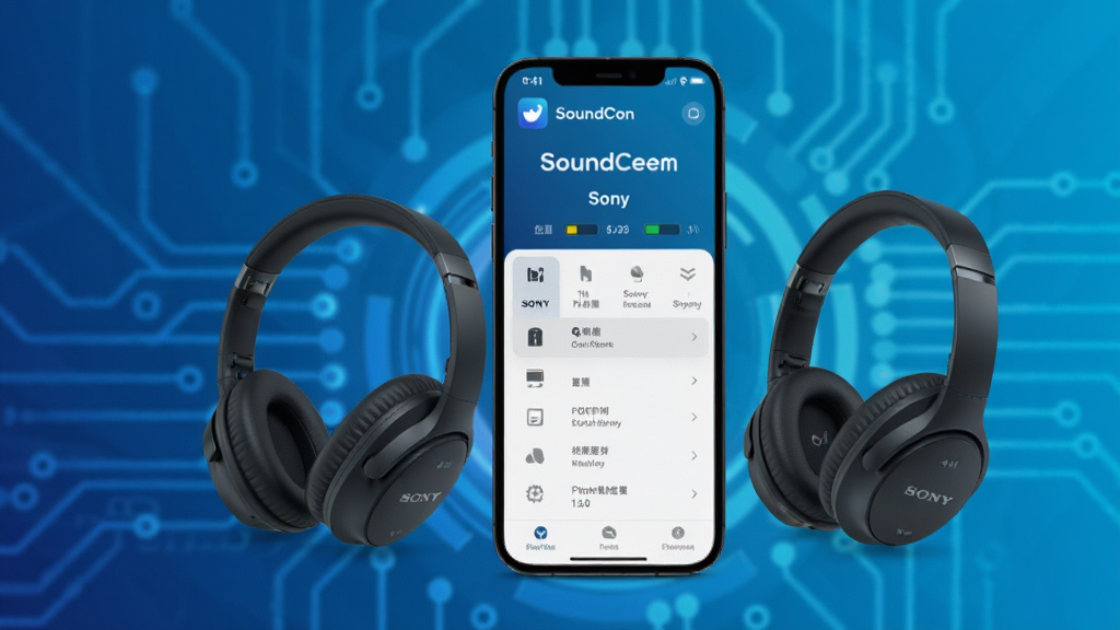 主视觉展示SoundCon应用界面与索尼耳机产品组合,背景为渐变蓝色科技感风格,界面清晰显示耳机名称、电量及功能菜单,画面干净,无多余元素,高画质。
