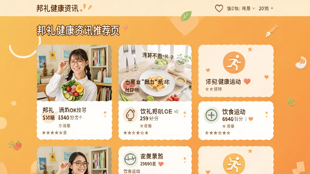 邦礼健康资讯推荐页,展示文章卡片与饮食运动图标,背景为暖色系,主体为资讯列表,排版美观,风格活泼清新,细节丰富,画质高,干净。