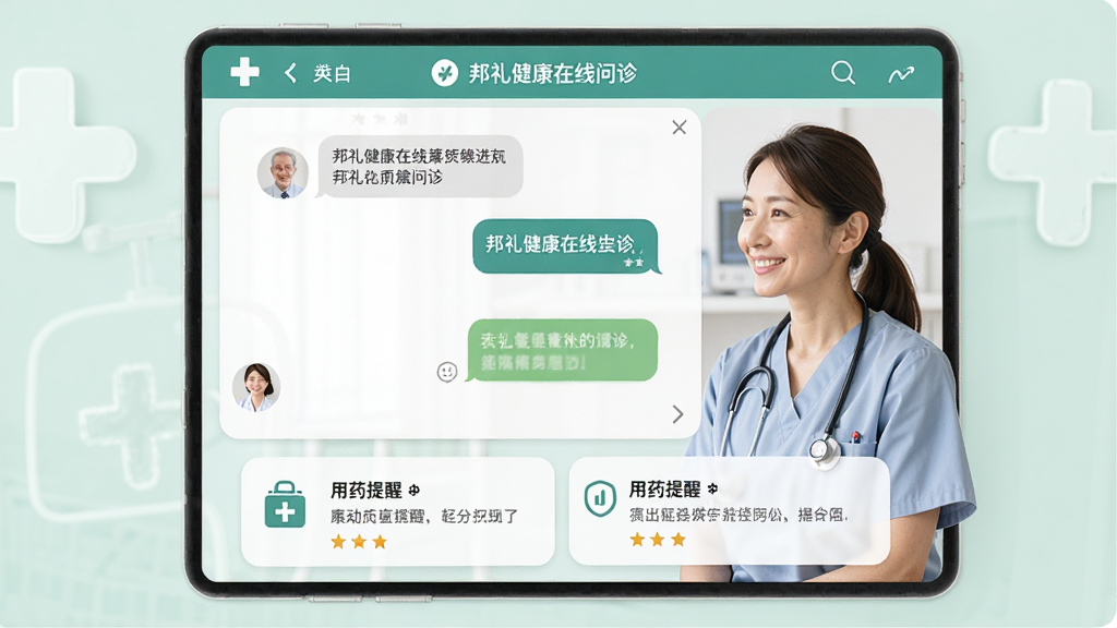 邦礼健康在线问诊界面,医生与患者对话窗口,下方有用药提醒卡片,背景为浅绿色医疗风格,主体为聊天界面,布局合理,风格亲切专业,细节清晰,高画质,干净。
