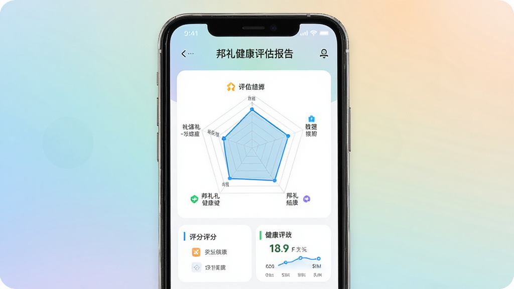 邦礼健康健康评估报告页面,手机界面展示雷达图与评分卡,主体为评估结果展示,背景柔和渐变,布局层次分明,风格专业清新,细节丰富,画质清晰,干净。