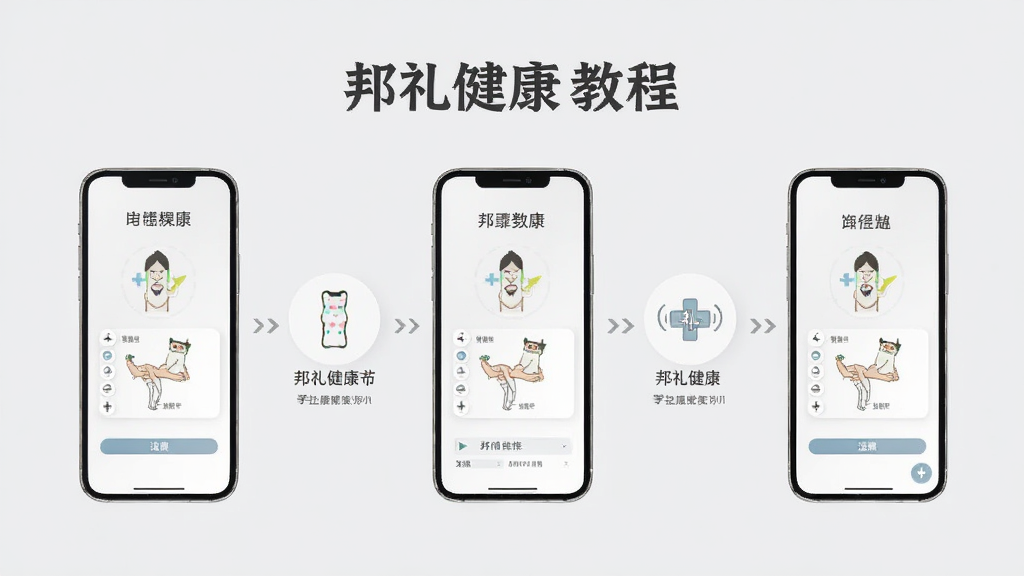 邦礼健康使用教程配图,展示手机操作步骤示意图,主体为步骤流程,背景浅灰,布局清晰,风格极简,细节明了,高画质,干净。