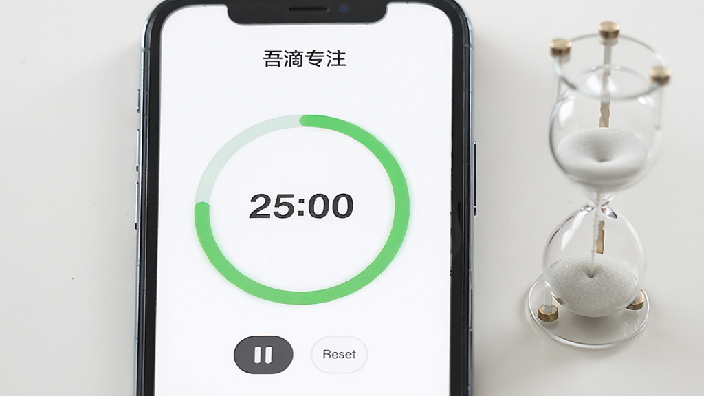 主体为手机竖屏界面,屏幕中央显示一个圆形计时器,圆环填充为绿色,中心数字“25:00”,下方有暂停和重置按钮,界面顶部显示“吾滴专注”,背景为纯白色,手机右侧放置一个小型沙漏,整体构图简洁,光线柔和,质感通透,画质高清,无多余元素