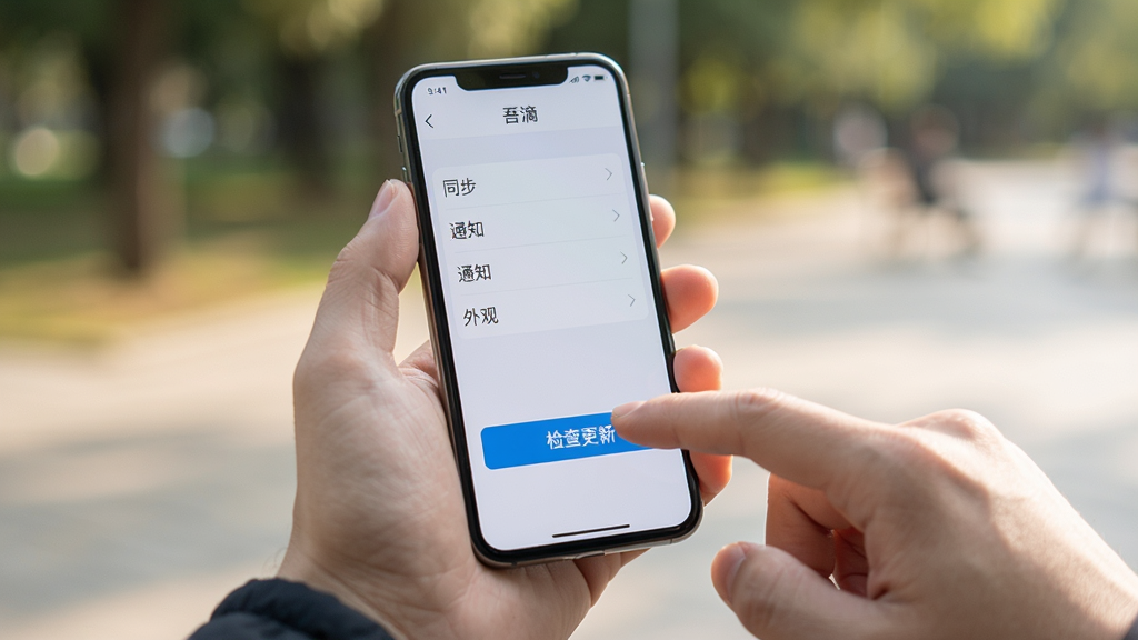 主体为一部手机握在手中,屏幕显示吾滴应用的设置页面,页面中有“同步”、“通知”、“外观”等选项,背景是模糊的户外场景,光线自然,另一只手正在点击屏幕上的“检查更新”按钮,构图稳定,风格真实,细节生动,画质清晰,无多余元素,文字显示“吾滴”