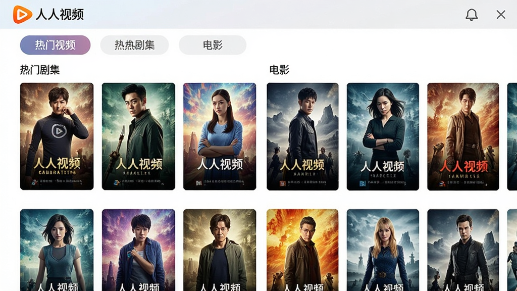 主体:人人视频软件界面中展示着“热门剧集”和“电影”等多个分类板块,每个板块下都有精美的影视海报缩略图。布局:采用网格状排版,分类标签位于界面顶部,下方为整齐排列的海报墙。风格:界面色彩丰富,海报风格各异,整体明亮通透,突出“人人视频”品牌标识,画质清晰,干净无多余元素。