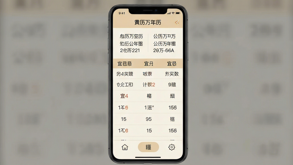一张展示手机屏幕的截图,屏幕中清晰显示“黄历万年历”主界面,界面顶部有农历日期和公历日期,中间是当日宜忌列表,底部有导航按钮,整体风格简约清晰,色彩柔和,以米黄色为主色调,画质干净,无多余元素。