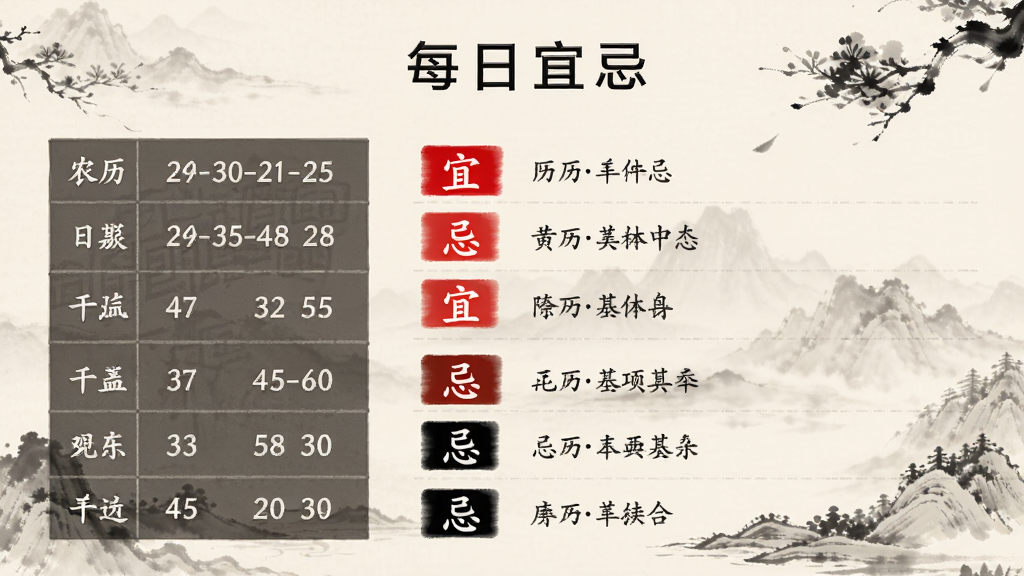 展示黄历万年历中“每日宜忌”详情页,页面左侧为农历日期和干支信息,右侧为红色标注的“宜”事项和黑色标注的“忌”事项,列表清晰,背景淡雅,带有传统水墨元素点缀,画质干净,无多余元素。