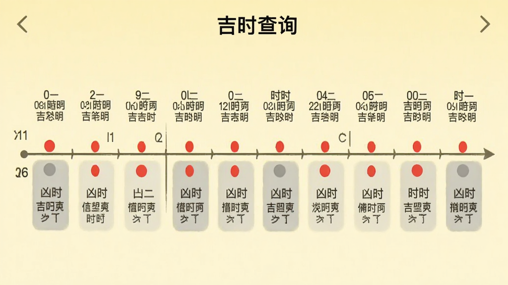 展示黄历万年历中“吉时查询”结果页面,以时间轴形式排列各个时辰,吉时用红色圆点标识,凶时用灰色标识,并配有简要说明文字,界面清晰直观,背景浅黄色,画质干净。