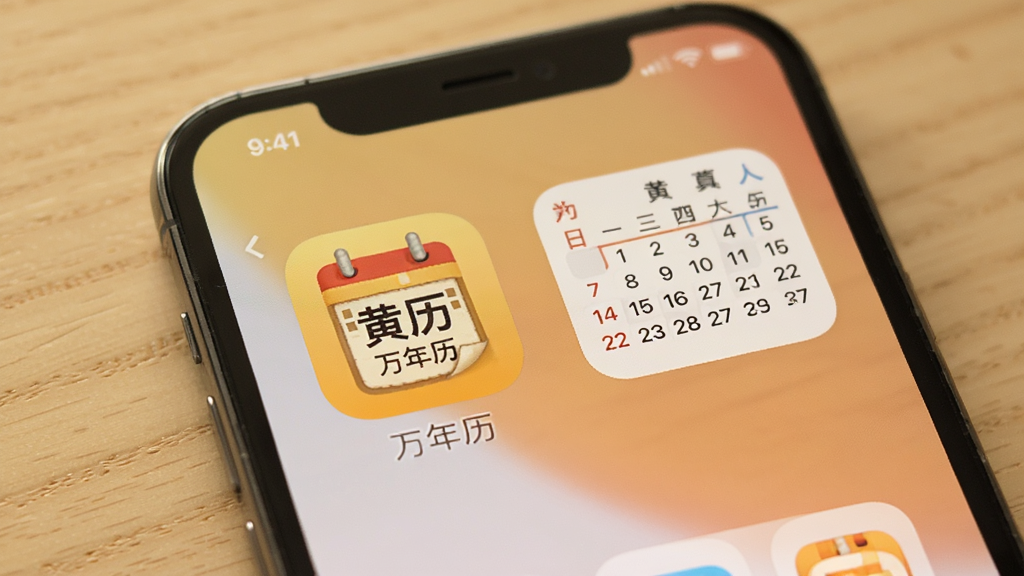 展示黄历万年历在手机桌面的运行效果,手机屏幕中央显示应用图标,图标上有“黄历万年历”字样,旁边有日历小组件,背景为简洁的木质桌面,整体氛围温馨,画质干净,无多余元素。