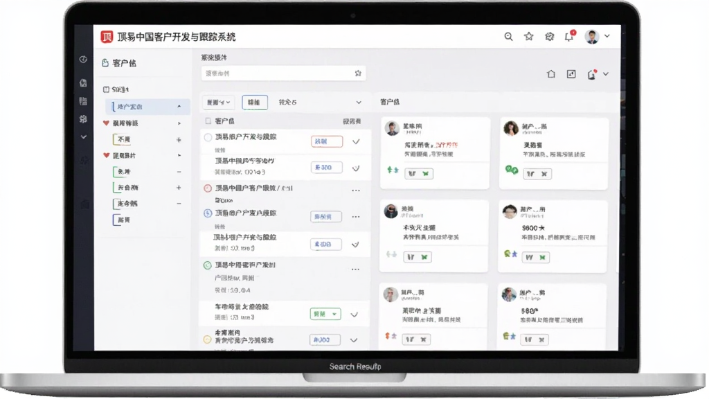展示软件内搜索界面的截图风格图片,主体为笔记本电脑屏幕上显示顶易中国客户开发与跟踪系统的搜索结果列表,左侧有筛选条件栏,右侧为详细的客户信息卡片,布局整洁,浅色背景,画质清晰,无多余杂物