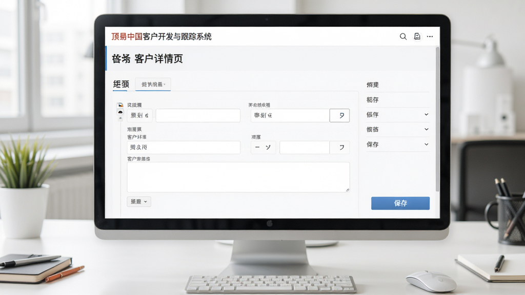 一张显示客户跟进记录填写界面的截图风格图片,主体为顶易中国客户开发与跟踪系统的客户详情页,有填写文字的区域和保存按钮,背景为干净的办公桌面风格,布局清晰,画质高清,无多余元素