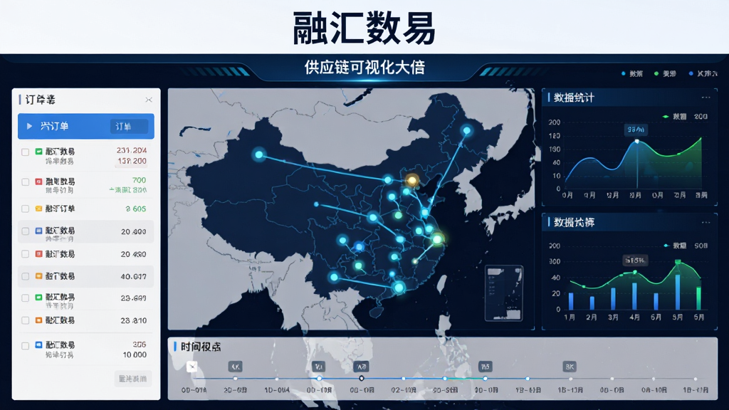 主体:融汇数易平台供应链可视化大屏,展示地图上的物流轨迹与数据面板。布局:大屏居中,左侧为订单列表,右侧为统计图表,底部为时间轴。排版:信息层级分明,标题“融汇数易”显示在顶部。风格:商务科技感,数据可视化风格。细节:地图光点移动,图表动态刷新,界面干净明亮。画质:4K高分辨率,无多余装饰。