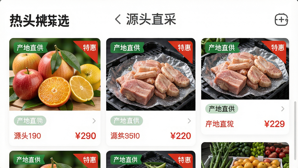 ���壺������ѡAPP��Դͷֱ�ɡ�ҳ�棬��ʾ����ֱ����ˮ�������ʵ���Ʒ�� ���֣�ҳ�涥��Ϊ��Դͷֱ�ɡ����⣬�·�Ϊ��Ʒ�ٲ�����ÿ����Ʒ��Ƭ��ʾ���ر�ǩ�ͼ۸� �Ű棺��Ϣ�����֣�ͼƬ����������۸��ú�ɫͻ���� ���дʵ��Ӱ��UI�����ϣ�ɫ�������� ϸ�ڣ���ƷͼƬ���С�����ֱ���������ػݡ��Ǳꡣ ���ʣ����壬�ɾ����޶���Ԫ�ء�