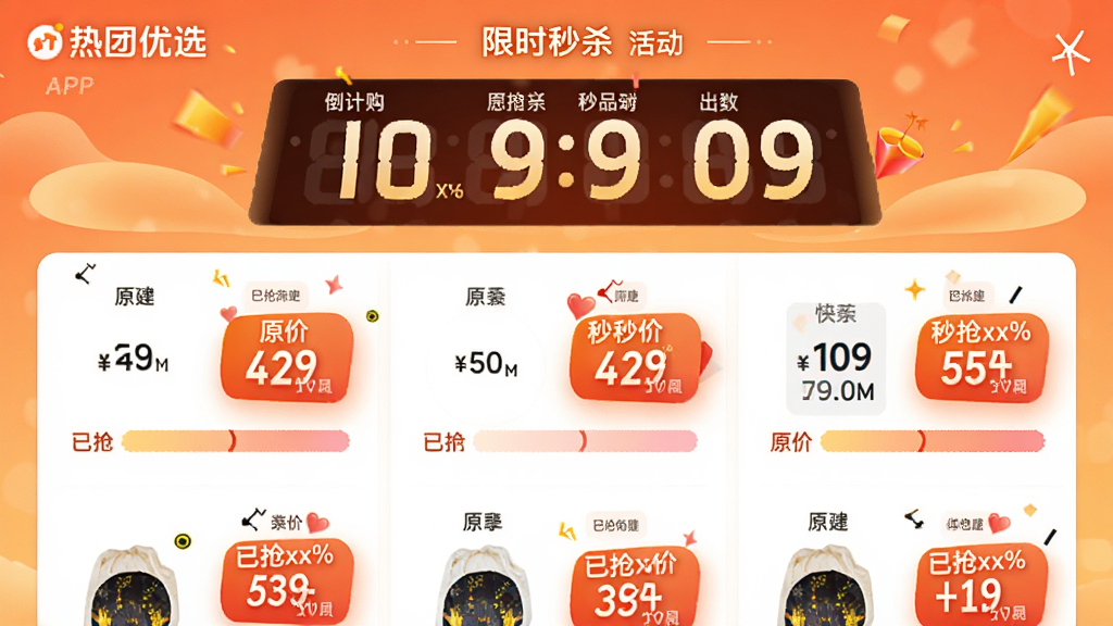 ���壺������ѡAPP����ʱ��ɱ���ҳ�棬չʾ����ʱ����ɱ��Ʒ�� ���֣�ҳ�涥��Ϊ��������ʱ���·�Ϊ��ɱ��Ʒ�б���ÿ����Ʒ��ԭ�ۺ���ɱ�۶Աȡ� �Ű棺�б�ʽ���֣��۸�Ա������� ��񣺴�����ΧŨ�ң�ůɫ��Ϊ���� ϸ�ڣ���ƷͼƬ���С�����xx%���������� ���ʣ����壬�ɾ����޶���Ԫ�ء�