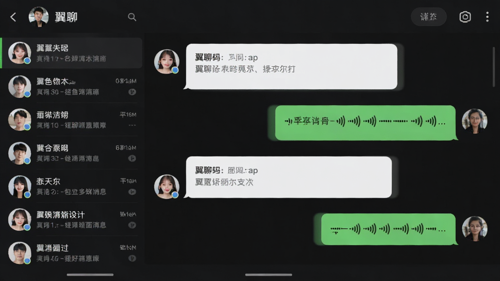 翼聊多媒体消息聊天界面,展示群聊中的图片与语音消息气泡,背景为深色模式,左侧列表显示多个对话,居中构图,界面设计现代,细节清晰,画质干净,无多余元素