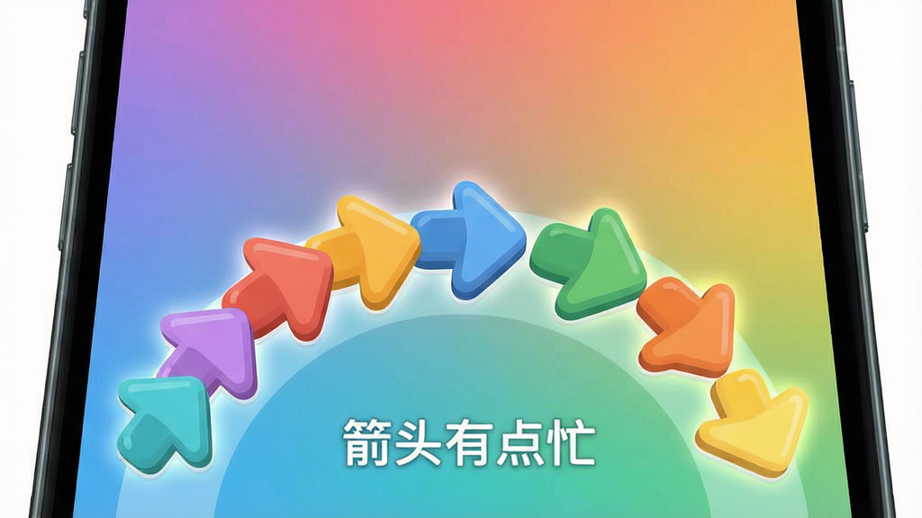 一张手机屏幕特写,屏幕底部显示「箭头有点忙」应用界面,多个彩色卡通箭头排列成弧形导航栏,背景为渐变色,主体突出箭头图标,布局居中,排版清晰,风格扁平化卡通,细节包括箭头的圆润边缘和微光效,画质高清,干净,无多余元素。