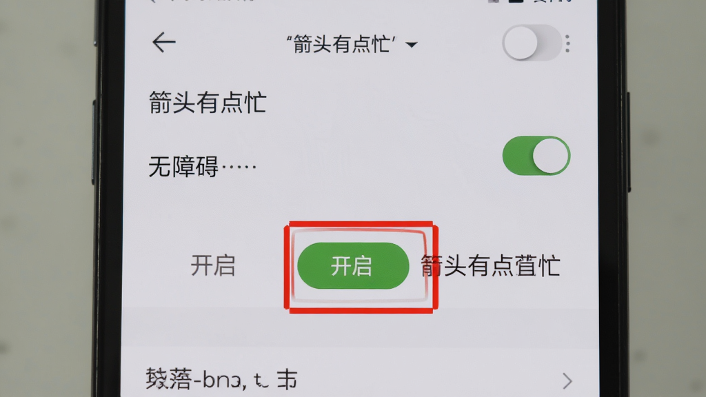 手机屏幕展示「箭头有点忙」的无障碍设置界面,屏幕上有红色高亮框标记开启按钮,旁边有文字说明,主体是设置页面,布局清晰,排版整洁,风格写实,细节包括开关状态和系统菜单,画质干净,无多余元素。