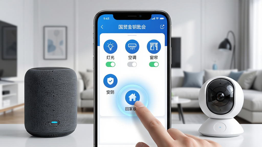 ������д���棬һ�������ֻ�������ʾ��ó��Կ�׻�APP���ǻۼ�ͥ������壬��������������š��ƹ⡱���յ���������������������Բ��ͼ�꣬ÿ��ͼ���·����п���״̬��ʾ������һ�����ؼ�ģʽ����ť����ָ�㰴����Χ��ɢ������ɫ���Ρ��ֻ��Ա߰ڷ�����������Ͱ�ɫ��������ͷ�������Ǽ�Լ���ִ�����һ�ǡ���ͼ���ֻ�Ϊ���ģ����ҶԳƣ�����ϸ�壬����ͨ͸���޶������UI�������������ɶ���ɫ��������Ϊ�����������ܿƼ��С�