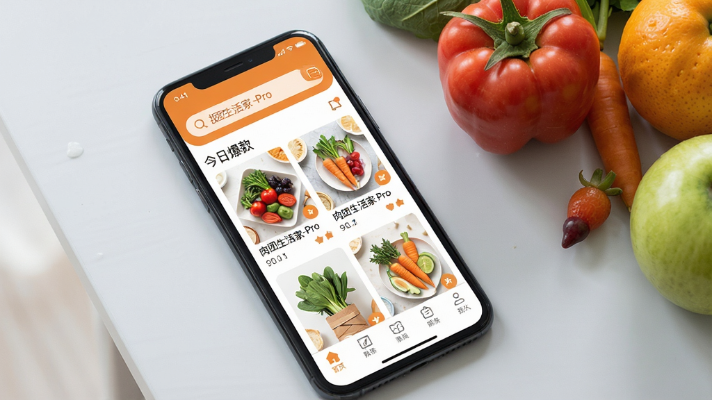 一张智能手机屏幕特写,屏幕内清晰显示肉团生活家-Pro应用主界面,界面布局包括顶部的搜索栏、中部“今日爆款”商品瀑布流列表以及底部导航栏,整体UI风格简约清新,以暖橙色和白色为主色调,手机旁边摆放着新鲜蔬菜和水果,背景为干净的浅灰色桌面,画质干净,无多余元素