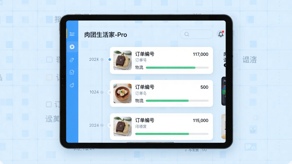 一张平板电脑的界面设计图,屏幕上展示肉团生活家-Pro的订单聚合功能,页面以时间线形式排列不同状态的订单卡片,卡片上显示商品缩略图、订单编号与物流进度条,界面采用卡片式布局,信息层级分明,背景为浅蓝色的数据网格,整体风格扁平化设计,色彩明快,画质干净无多余元素