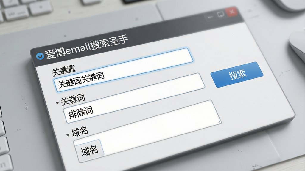 软件界面特写,显示“爱博email搜索圣手”关键词设置面板,多个输入框分别填写关键词、排除词和域名,右侧有搜索按钮,背景为浅灰色工作台,风格写实,细节清晰,画质高清,干净无杂物