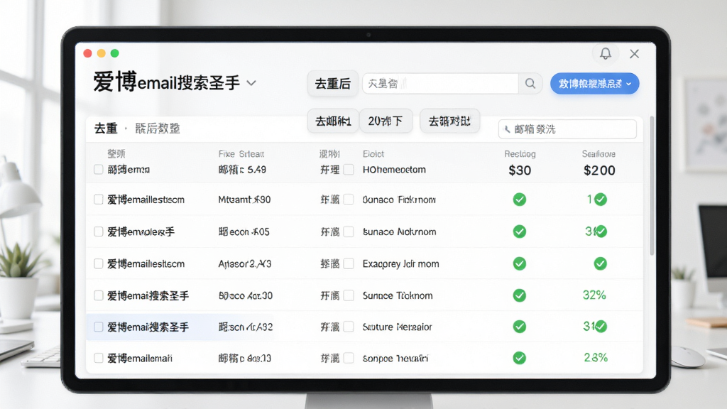 软件数据清洗界面,“爱博email搜索圣手”显示去重前后对比数量,列表展示整理后的邮箱数据,绿色勾选表示已验证,背景简洁明亮,写实风格,UI细节清晰,画质高清,干净整洁