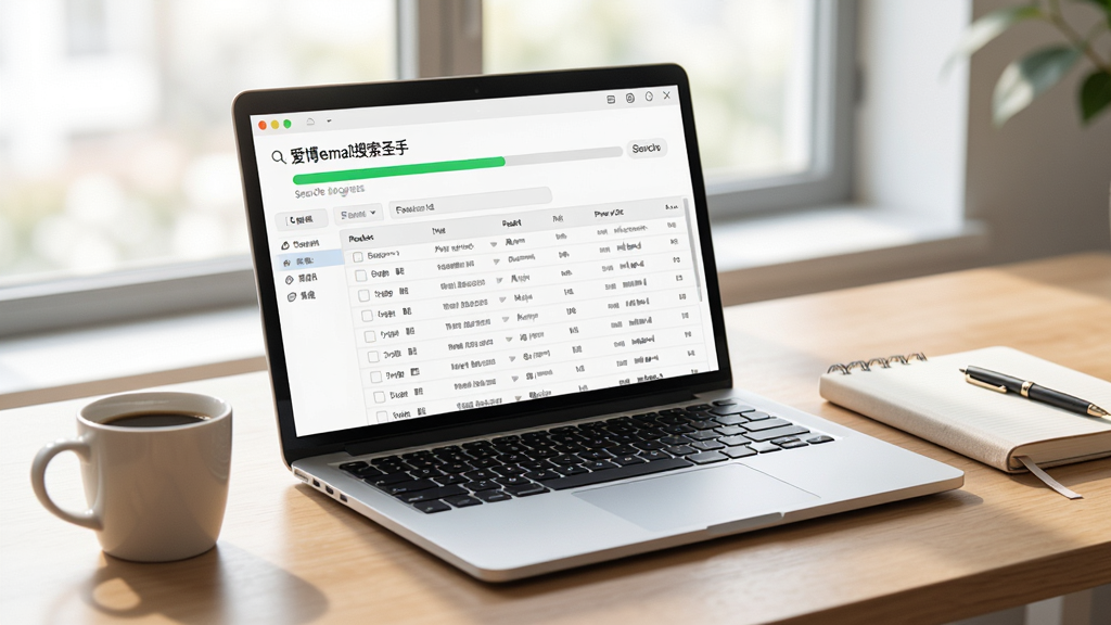 笔记本电脑上运行“爱博email搜索圣手”,屏幕显示搜索进度条和结果列表,桌面上有咖啡杯和笔记本,环境明亮,写实风格,细节丰富,画质高清,干净无多余元素