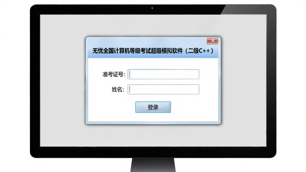 高清电脑截图,显示软件模拟考试登录界面,背景为浅灰色,中央有“无忧全国计算机等级考试超级模拟软件(二级C++)”登录框,输入准考证号和姓名,下方有“登录”按钮,界面风格与真实考试系统一致,画质干净整洁