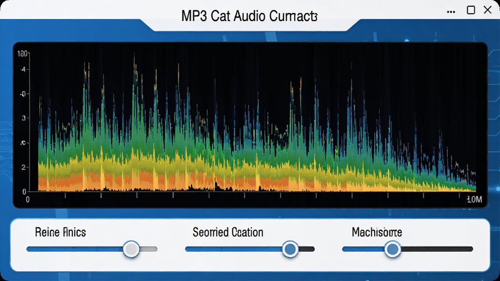 MP3 Cat音频修复功能操作界面,中央显示声波频谱图,下方有噪音消除、音量均衡等调节滑块,界面色彩以蓝白为主,科技感十足,图片干净无杂物。