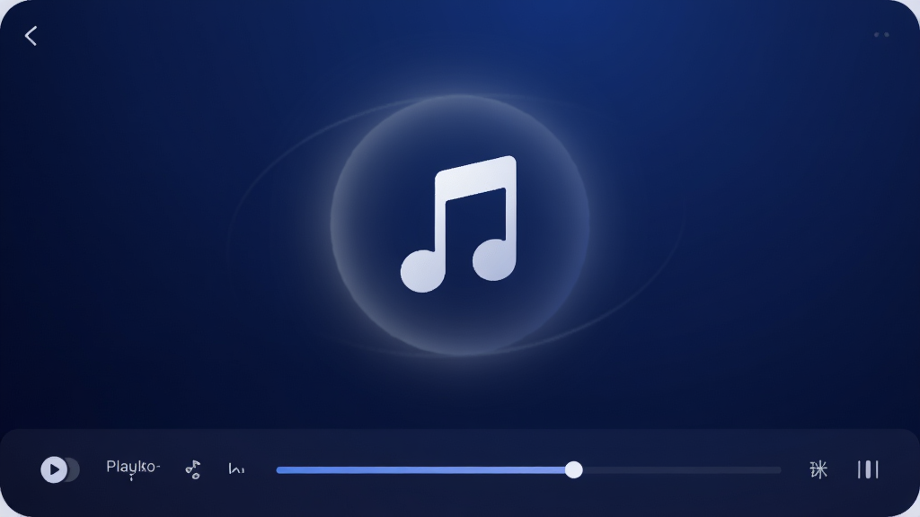 奇梦音乐盒 迷你版主界面预览图,深蓝色渐变背景,中间一个简约的音符图标,周围环绕柔和光晕,界面下方显示播放列表和进度条,整体风格干净现代,画质高清,无多余元素