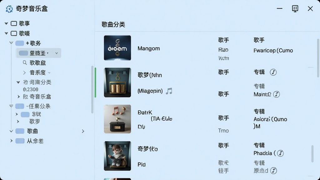 奇梦音乐盒 迷你版音乐库管理界面,左侧为歌曲分类树形菜单,右侧为歌曲列表,包含歌名、歌手、专辑信息,界面简洁大方,背景为浅蓝色调,画质清晰,无多余装饰