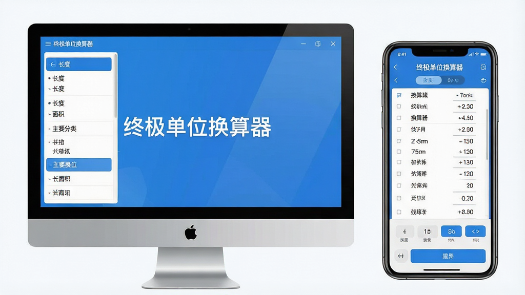 一张高清软件功能展示图,主体为电脑屏幕与手机屏幕并排展示“终极单位换算器”的界面,左侧电脑屏幕显示长度、面积等主要分类,右侧手机屏幕显示具体换算结果,布局清晰对称,排版采用扁平化现代设计风格,整体色调以蓝白为主,画质清晰干净,无多余元素,屏幕中心显示软件名称“终极单位换算器”