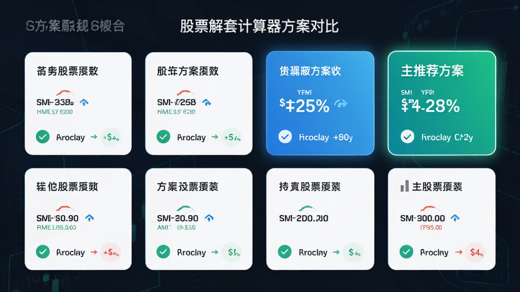 股票解套计算器方案对比页面,多套方案卡片式排列,高亮显示推荐方案,设计风格现代简约,布局整齐,排版直观,细节含对勾图标和百分比差异,画质清晰。