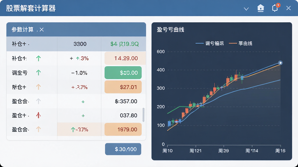 股票解套计算器主界面,显示补仓计算表格和盈亏曲线图,现代扁平化设计风格,主体居中,布局清晰,左侧为参数输入区,右侧为结果展示区,排版简洁,细节包括涨跌幅箭头和数据高亮,画质高清干净,无多余元素。
