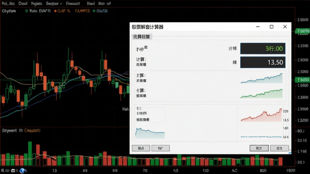 股票解套计算器在电脑桌面运行的截图,背景为股票K线图,软件窗口清晰显示计算结果,整体画面专业,布局以软件界面为主体,排版大方,细节突出数据报表,画质高清。