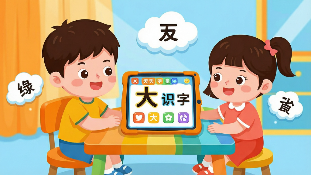 一幅温馨的儿童学习场景插画,主体是一个可爱的卡通男孩和女孩围坐在彩色小桌子旁,桌上摆放着打开的天天识字平板电脑,屏幕上有大大的汉字和彩色图标,周围漂浮着云朵形状的汉字卡片,整体布局居中,排版活泼明快,色彩以明亮的橙黄和天蓝为主,扁平卡通风格,画面干净无杂物,画质高清柔和,无多余元素,图片上不显示任何文字。