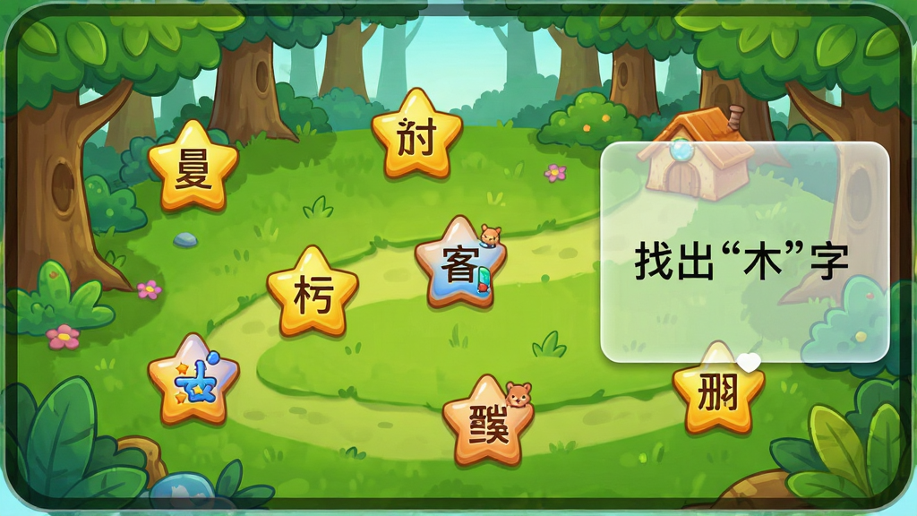 展示天天识字App内闯关地图界面的预览图,主体是卡通风格的森林地图,上面有多个星星标记的关卡节点,每个节点都有不同的汉字图标,画面右侧有一个半透明的任务提示框,写着“找出‘木’字”,整体布局清晰,排版错落有致,色彩鲜艳明亮,2D卡通渲染风格,细节丰富,画质清晰干净,无多余元素。