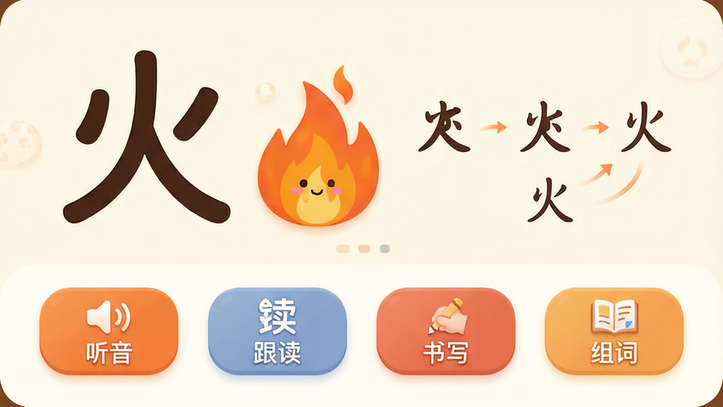 天天识字App汉字学习详情页示意图,主体是一个放大的汉字“火”字,旁边配有燃烧的火焰卡通插画和字形演变过程小图,下方有四个互动按钮,分别标着“听音”“跟读”“书写”“组词”,整体布局简洁明了,排版规整,色彩搭配和谐,以暖色调为主,UI设计风格现代且富有童趣,画质干净细腻,无多余元素。