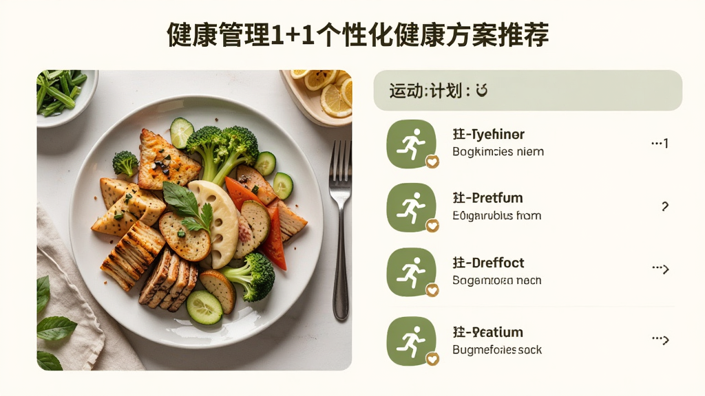 健康管理1+1个性化健康方案推荐页面,展示定制化的饮食餐盘和运动计划列表,颜色搭配温馨,食物图片诱人,运动图标清晰,风格清新自然,画质高清。