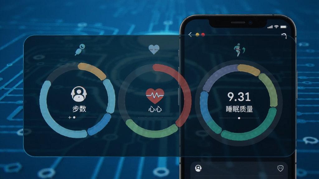 健康管理1+1连接智能设备同步健康数据的示意图,手机界面显示步数、心率、睡眠质量等数据环形图,背景为科技感蓝色,图标线条清晰,风格现代简洁,画质高清。
