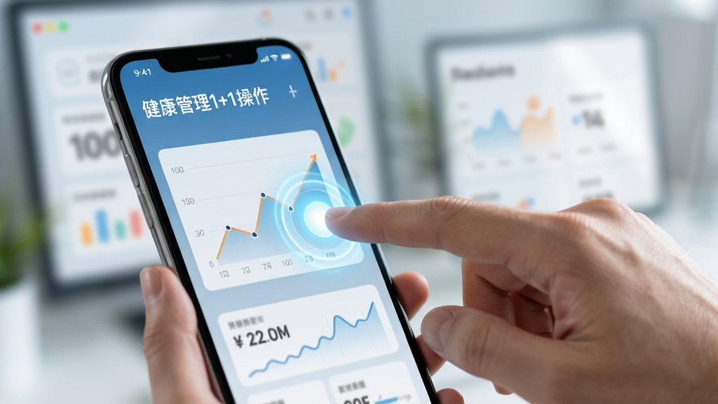 健康管理1+1手机操作界面,展示手指点击数据图表,界面高亮响应,背景模糊,突出操作感,风格现代,画质清晰,干净无多余元素。
