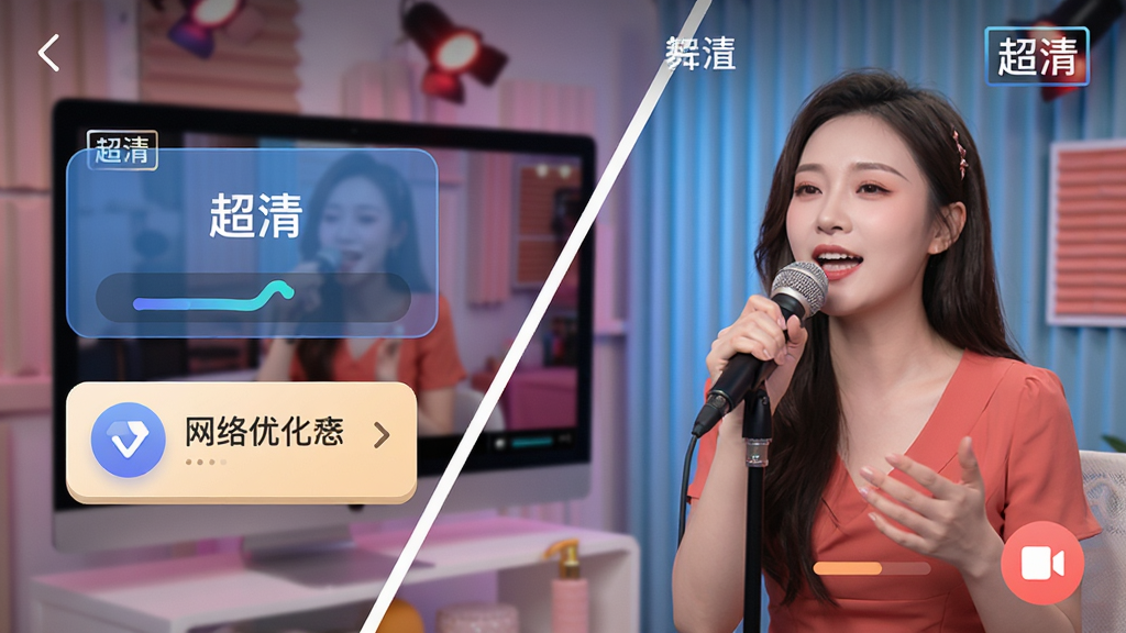 主体为“协舞联盟”APP直播间界面截图展示,画面中主播正在唱歌,背景是精心布置的直播间。布局采用对角线构图,主播位于画面右侧三分之一处,左侧屏幕悬浮着高清画质选项和网络优化提示图标。排版整洁,突出直播画面与功能按钮。风格为现代扁平化与拟物结合的UI风格,色彩鲜艳明亮。细节上需呈现画面边缘的“超清”字样与流畅度指示条,画质干净,无多余元素。