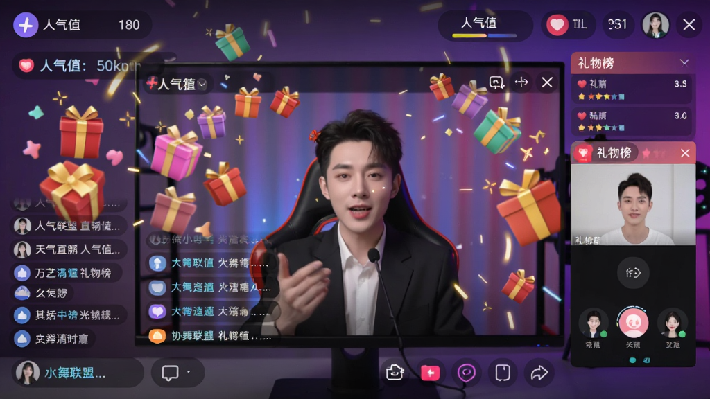 图像主体为“协舞联盟”直播间内的互动界面,屏幕上同时显示着滚动的礼物特效、用户弹幕和连麦窗口。布局为环绕式构图,中央是主播画面,四周分布着互动元素。排版风格活泼,色彩五彩斑斓但不杂乱。风格为动态效果静帧,突出实时互动的热闹氛围。细节包括悬浮的“人气值”和“礼物榜”小部件,画质清晰干净,无多余元素。
