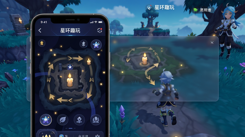 主体:星环趣玩APP界面悬浮在光遇游戏场景上方,展示墓土地图与蜡烛标记;布局:左侧为手机界面,右侧为游戏角色跑图画面,中间以半透明信息面板连接,整体呈横向构图;排版:手机界面放大居中偏左,游戏场景作为背景延伸,信息面板悬浮于右侧;风格:现代科技感与游戏幻想风结合,色彩以深蓝、紫黑为主,搭配金色光点;细节:地图上清晰标注“星环趣玩”字样与路线箭头,UI图标精致;画质:8K超清,干净无多余元素。