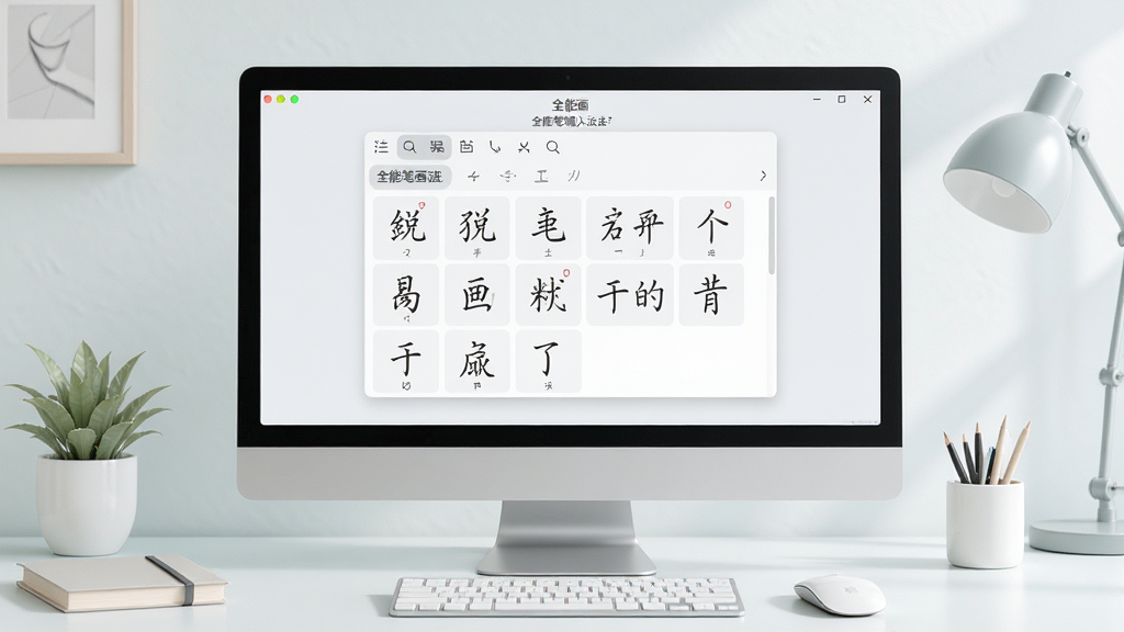 一幅展示全能笔画输入法在电脑屏幕上运行的界面预览图,画面干净整洁,输入法候选框显示清晰的笔画按键布局,背景为淡雅的现代办公桌面,整体风格简约明亮,突出软件易用性与专业感,画质高清,无多余元素