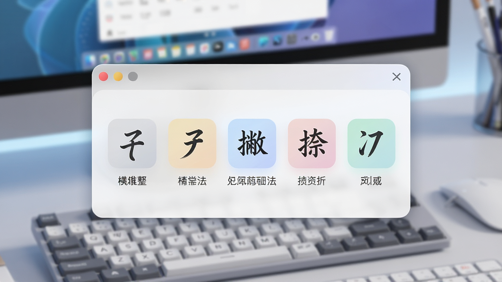 一张产品功能示意图,画面中央是全能笔画输入法的悬浮窗,显示“横、竖、撇、捺、折”五个功能键图标,每个图标配有对应笔画示例,背景为虚化的键盘与电脑屏幕,整体风格科技感十足,色彩柔和,文字清晰,画质细腻干净