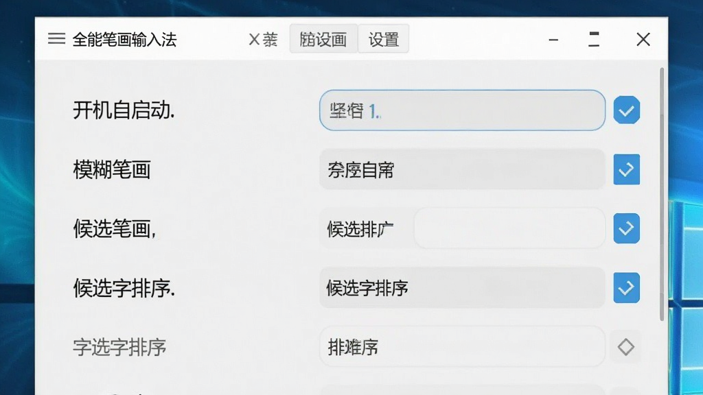 一张展示全能笔画输入法设置界面的局部截图,画面中显示开机自启动、模糊笔画、候选字排序等设置选项,界面简洁清晰,背景为电脑屏幕,整体风格专业,画质清晰,无多余元素