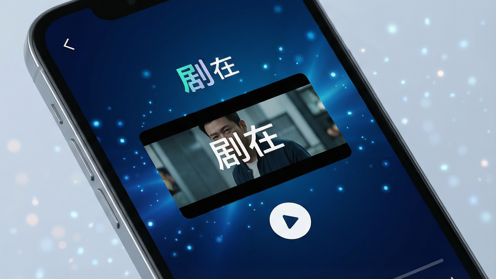 一张现代简约风格的智能手机屏幕特写,屏幕中央显示“剧在”App的播放界面,界面中有清晰的视频缩略图与播放按钮,背景为渐变的深蓝色科技感光效,四周有微弱的粒子光点,整体排版干净、画质细腻、无多余元素,突出“剧在”品牌名称与视频播放核心功能。