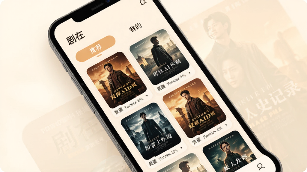 一张手机应用界面的概念设计图,界面名称为“剧在”,展示“推荐”与“我的”两个标签页,页面中有许多影视海报卡片瀑布流排列,以暖色调为主,卡片圆角设计,整体风格简洁时尚,画质干净,无多余元素,突出个性化推荐与历史记录功能。